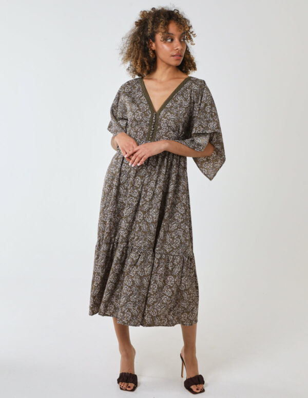 Crochet Bust Kimono Sleeve Dress - S / KHAKI