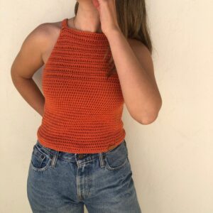 Crochet Tank Top, Sleeveless Halter Rust Orange Knit Cotton Crochet Long Made To Measure Hand Top