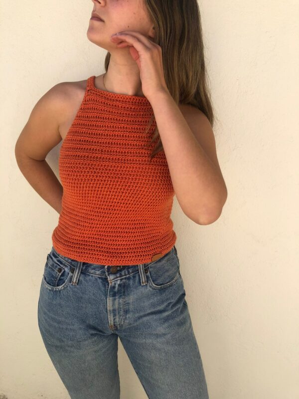 Crochet Tank Top, Sleeveless Halter Rust Orange Knit Cotton Crochet Long Made To Measure Hand Top