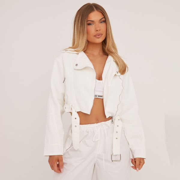 Cropped Biker Jacket In White Denim, Women's Size UK Medium/Large M/L