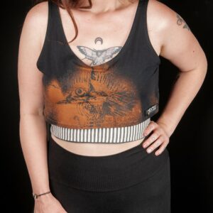 Cropped Bird Art Top, Over Sized Crop Bamboo One Of A Kind Mesh Back Black Original Top