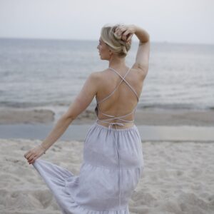 Cross Back Linen Dress For Wedding Guest. Linen Backless Dress. Dress With Open & Tiered Skirt. Beach Bridal Shower Guest