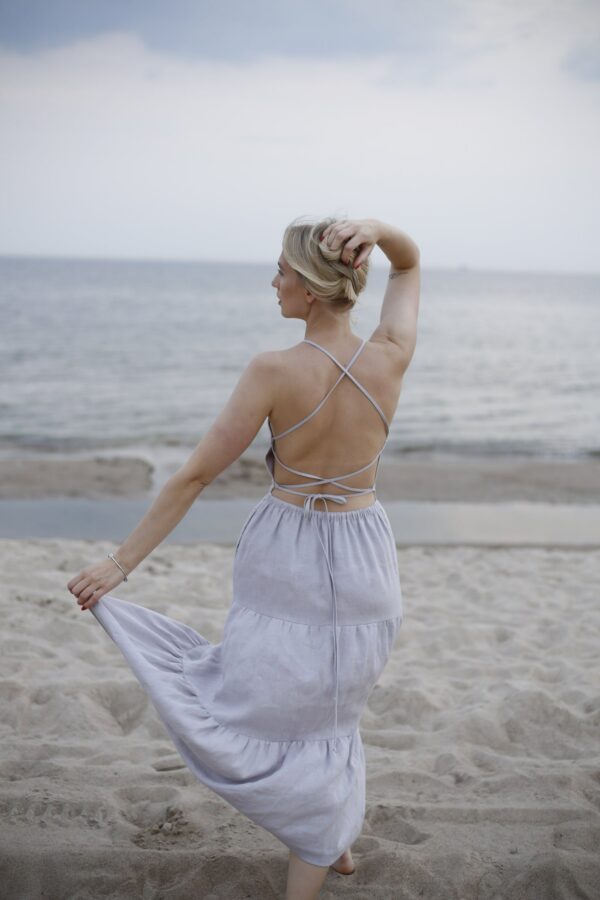 Cross Back Linen Dress For Wedding Guest. Linen Backless Dress. Dress With Open & Tiered Skirt. Beach Bridal Shower Guest