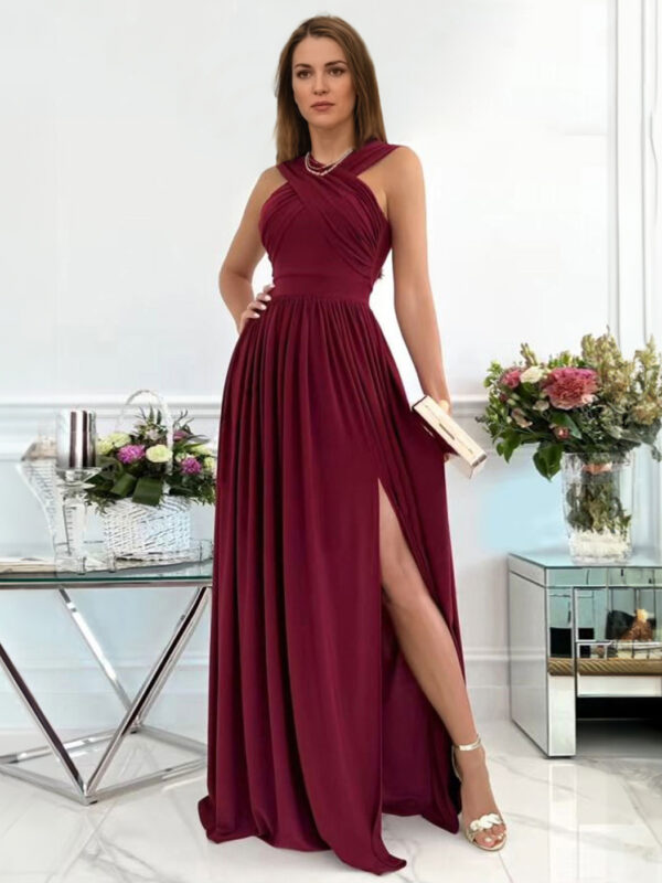 Crossover Maxi Dress Sleeveless Backless Pleated Slit Prom Dresses