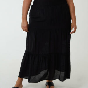 Curve Tiered Shirred Maxi Skirt - 22/24 / BLACK