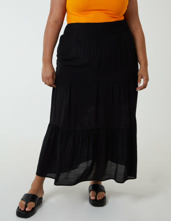 Curve Tiered Shirred Maxi Skirt - 22/24 / BLACK