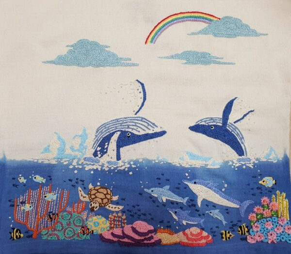 Cute Hand Embroidery Blouse/Mini Dress, Indigo Dye At The Bottom, Whale, Ocean, Sea, Coral, Dolphin - Made To Order -Not An Kit