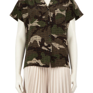 C�line Khaki Camo & Logo Print Silk Blouse