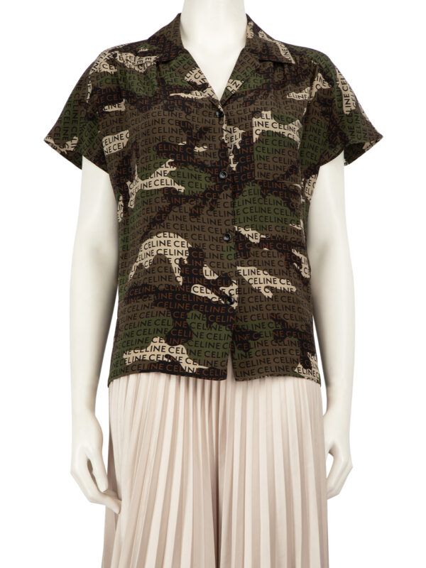 C�line Khaki Camo & Logo Print Silk Blouse