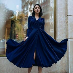 Dark Blue Swing Cocktail Dress, Fit & Flare Midi Retro Wrap Dress With Full Circle Skirt, Silk For Women