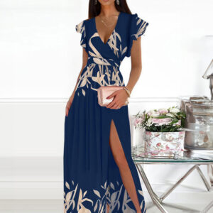 Dark Navy Maxi Dress Flutter Sleeves V-Neck Surplice Tank Prom Dresses