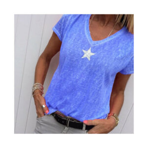 (DarkBlue, M) Women V-Neck T-Shirt Casual Loose Star Summer Shirts Solid Short Sleeve New