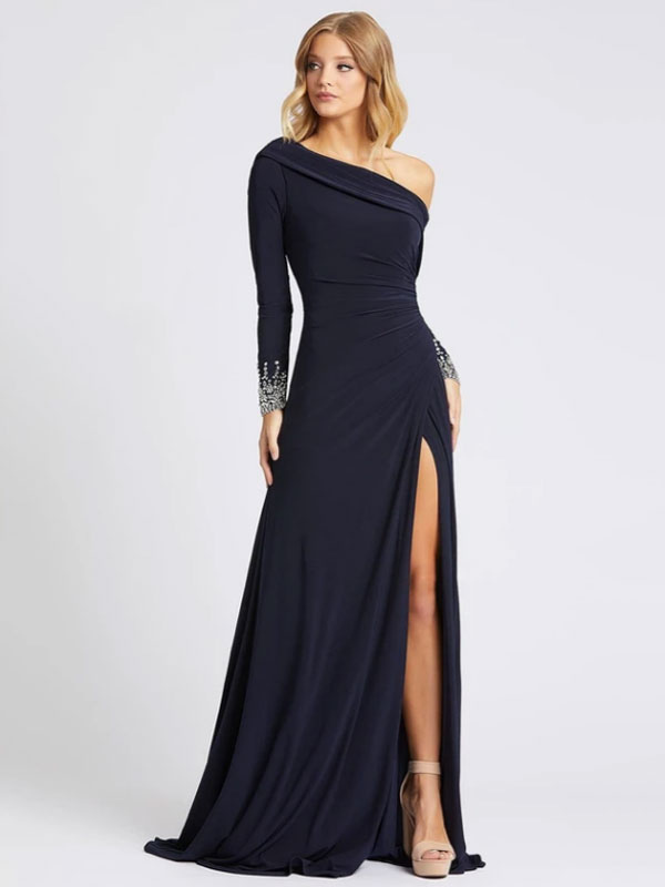 Deep Navy Evening Dress One-Shoulder With Train Long Sleeves Criss-Cross Lycra Spandex Sheath Social Party Dresses Free Customization