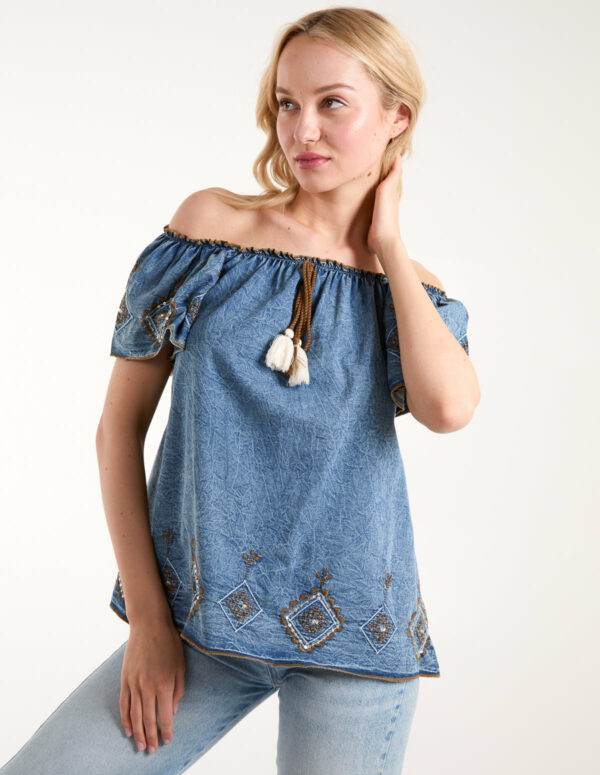 Denim Embroidered Bardot Top - S / Light Denim