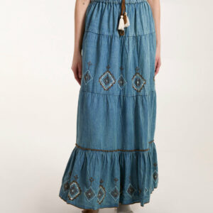 Denim Embroidered Tiered Skirt - S / Light Denim