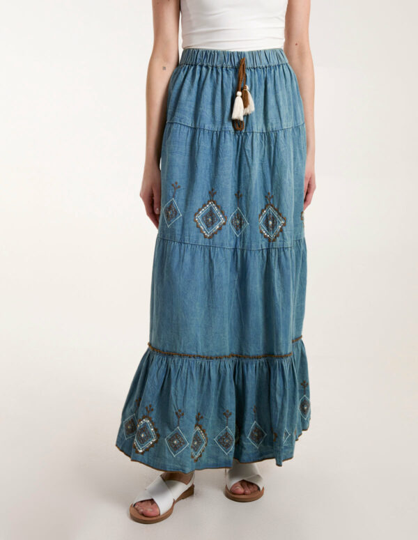 Denim Embroidered Tiered Skirt - S / Light Denim