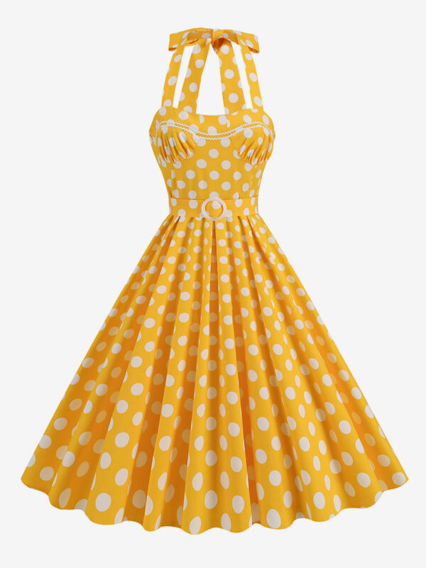 Dress Dot Halter Belted Ring Detail Retro Midi Dress