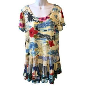 Dress Jams World Hattie Vintage Print Tropique Hawaiian Tiered Skirt Rayon Large