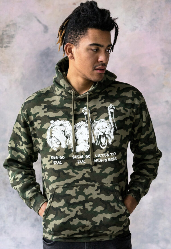 Drum & Bass Lions Camo Hoodie Junglist See Hear Speak No Evil Synth Amen Music Producer Mens Camouflage Sweatshirt Printed Hooded Top