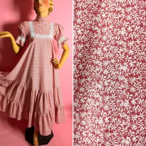 Early 1970S Laura Ashley Floral Maxi Prairie Dress, Tiered, Short Puff Sleeves, Crochet Trim, Full Skirt, Made in Wales, Size 12