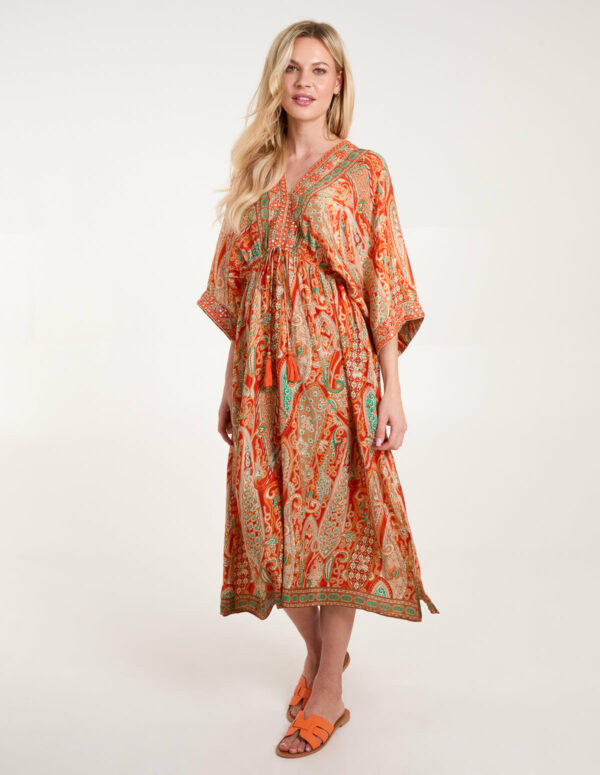 Embellished Kimono Midi Dress - S / ORANGE