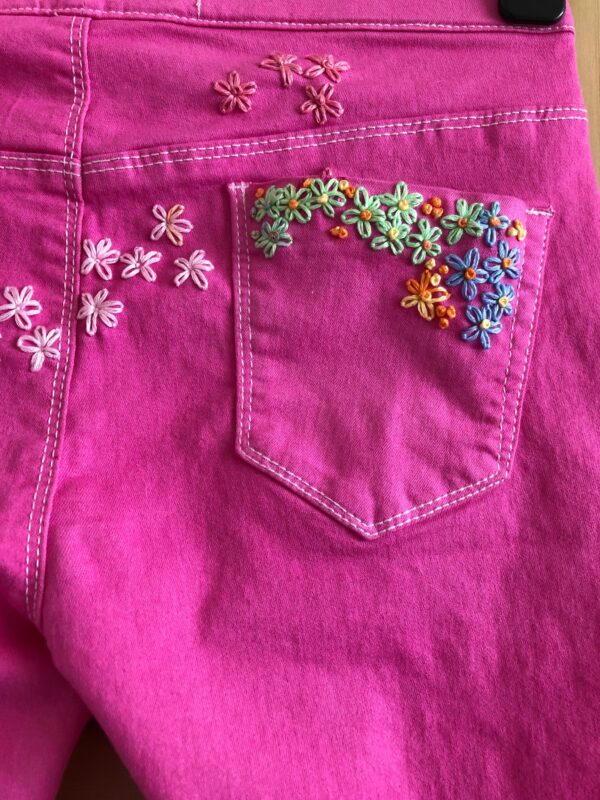 Embroidered Overdyed Hot Pink Jeans Jeggings Upcycled Unique Size 12 UK 36 Eu 4 Us