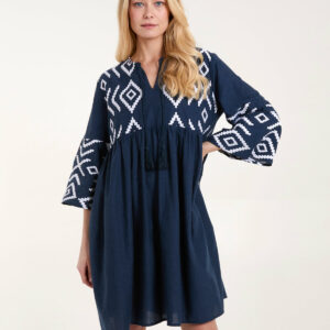 Embroidered Tunic Dress - L / NAVY