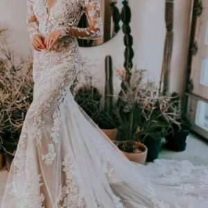 Eric White Wedding Dress Illusion Neckline Long Sleeves Backless Natural Waist Lace With Train Long Bridal Mermaid Dress