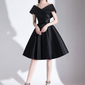 Evening Dress A-Line V-Neck Knee-Length Short Sleeves Lace-Up Pleated Satin Fabric Cocktail Dress Little Black Dress