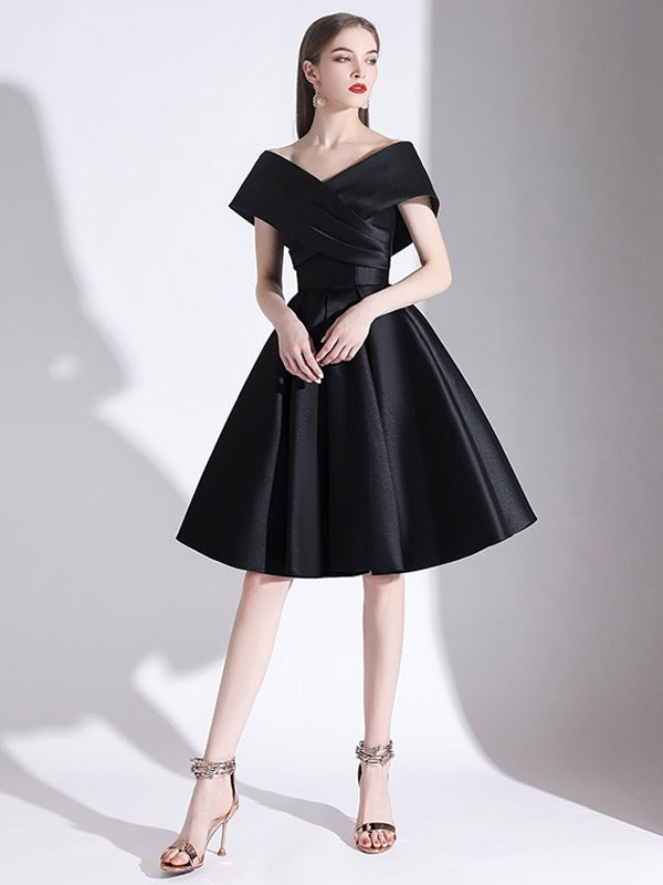 Evening Dress A-Line V-Neck Knee-Length Short Sleeves Lace-Up Pleated Satin Fabric Cocktail Dress Little Black Dress