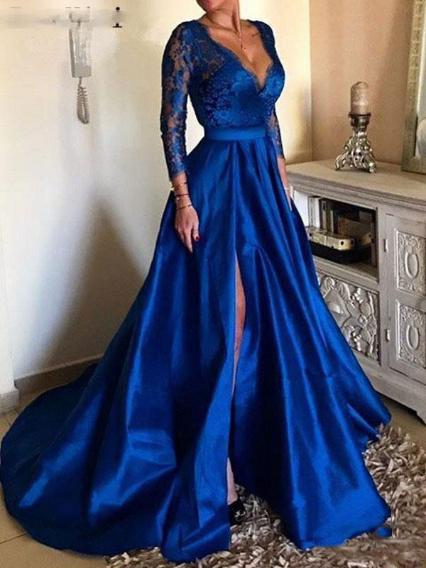 Evening Dress Ball Gown V Neck 3/4 Length Sleeves Zipper Lace Satin Fabric Social Party Dresses With Train