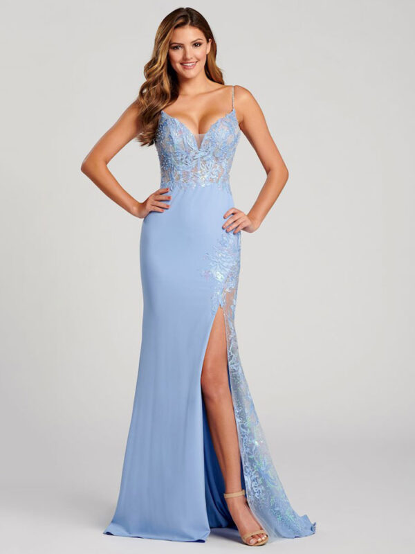 Evening Dress Ball Gown V-Neck Backless Polyester Floor-Length Applique Light Sky Blue Formal Party Dresses