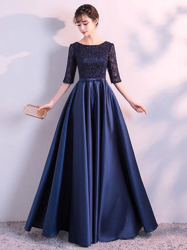 Evening Dresses Dark Navy Long Prom Dress Lace Satin Bow Sash Half Sleeve Formal Gowns