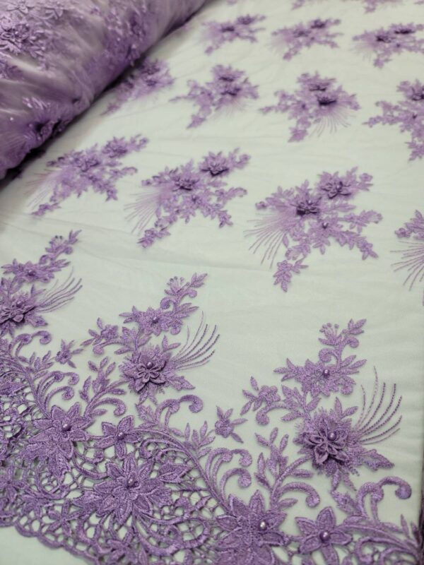 Fabric Sold By The Yard Lavender Beaded Lace Floral Flowers Embroidery Fashion Bridal Evening Dress Quinceañera Gown Prom Encaje