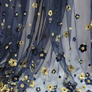 Fabric Sold By The Yard Navy Blue Lace Embroidery Pearls Gold Floral For Dress Clothing Prom Quinceañera Gown