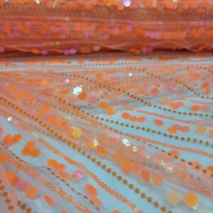 Fabric Sold By The Yard Orange Lace Sequin Iridescent Embroidery Floral Flowers On Mesh Prom Evening Dress Bridal Quinceañera Gown