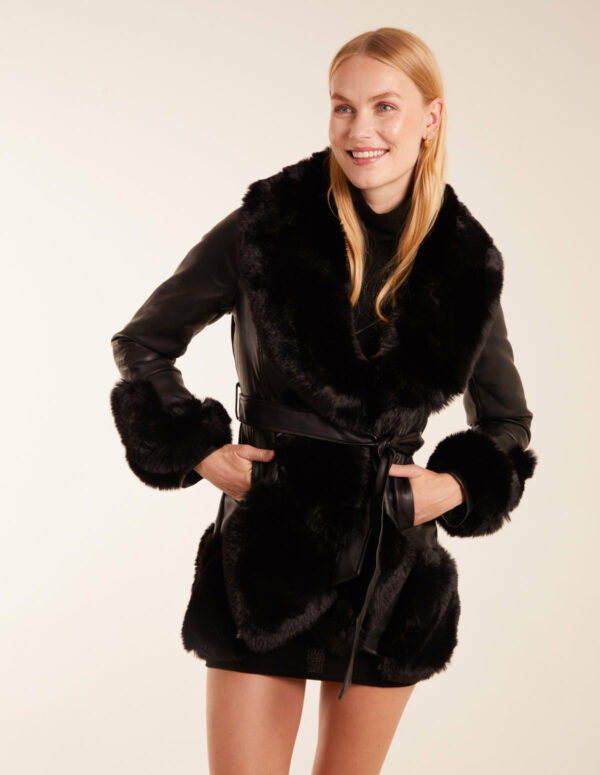 Faux Fur Collar PU Belted Coat - 12 / BLACK