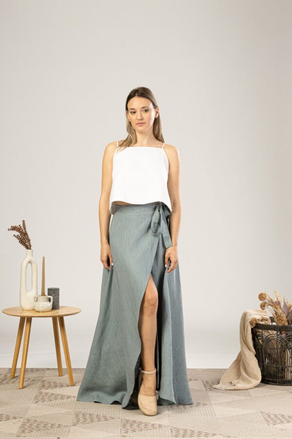 Feminine Dusty Blue Linen Tulip Skirt With Ties, Extravagant Japanese Clothing, Maxi Summer Cocktail Skirt, Gentle Lightweight