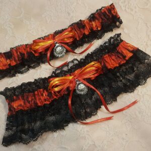 Fire Fighter Fireman Flames Wedding Bridal Garter Belt Set with Charm