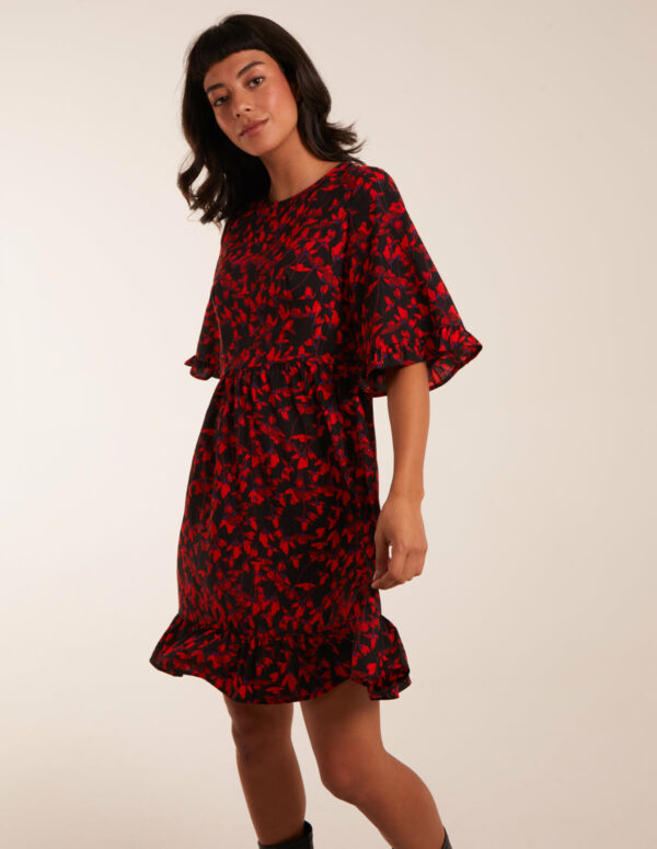 Floral Frill Hem Swing Mini Dress - 8 / RED