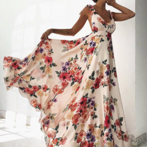 Floral Maxi Dress White V Neck Backless Chiffon Boho Summer Dress