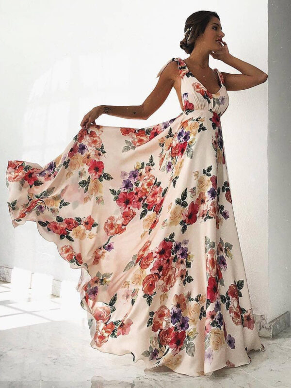 Floral Maxi Dress White V Neck Backless Chiffon Boho Summer Dress