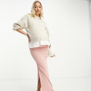 Flounce London Maternity ribbed midi skirt with side splits in light pink