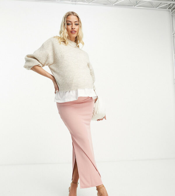 Flounce London Maternity ribbed midi skirt with side splits in light pink