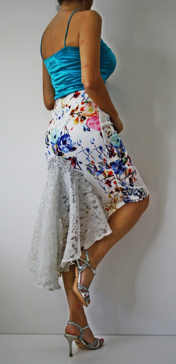 Flower Patterned Elastic Jersey Skirt With White Lace Flyingwhell & Back Shining Stones, Flying Skirt, Coctil Fishtail