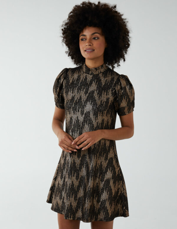 Foil Zig Zag Puff Sleeve Swing Dress - 8 / Bronze