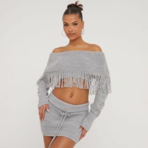 Fold Over Bardot Fringe Detail Top In Grey Knit, Women's Size UK Medium M