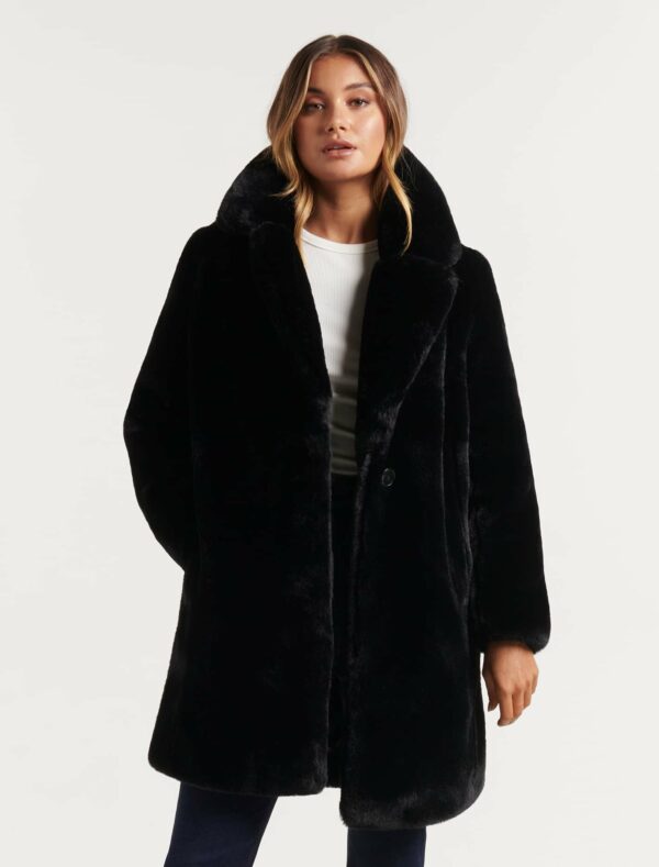 Forever New Women's Cayte Longline Faux Fur Coat in Black, Size 10 Polyester/Elastane