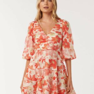 Forever New Women's Cindy Tiered Floral Skater Dress in Red Calida Botanical, Size 18 Lyocell/Polyamide/Linen