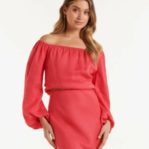 Forever New Women's Giselle Linen Bardot Top in Hot Raspberry Co-Ord, Size 12 Linen/Viscose